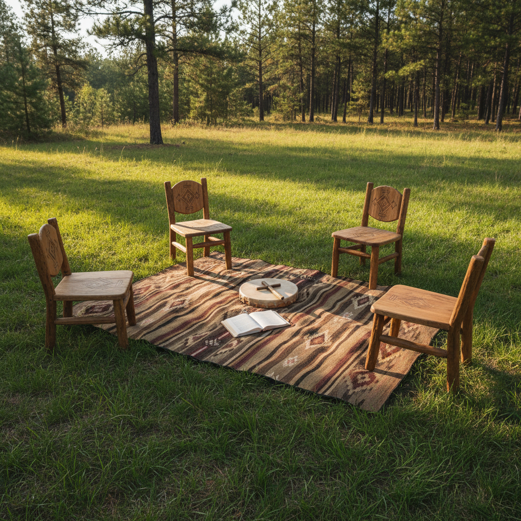 An inviting counseling circle is arranged outdoors on a grassy clearing near a forest edge, with four unoccupied wooden chairs carved with subtle Native patterns facing one another. In the center, a small round drum, an open leather-bound journal, and a simple wooden cross lie on a woven rug patterned in earth tones, symbolizing accountability and spiritual guidance. Diffused late-afternoon sunlight filters through tall pines, creating dappled highlights across the circle and gentle shadows stretching outward. Photographic realism, captured from a slightly elevated angle using the rule of thirds so the circle feels open and welcoming. The mood is calm, safe, and supportive, evoking recovery, mentoring, and honest conversation without showing any people, only their carefully arranged tools and sacred objects.