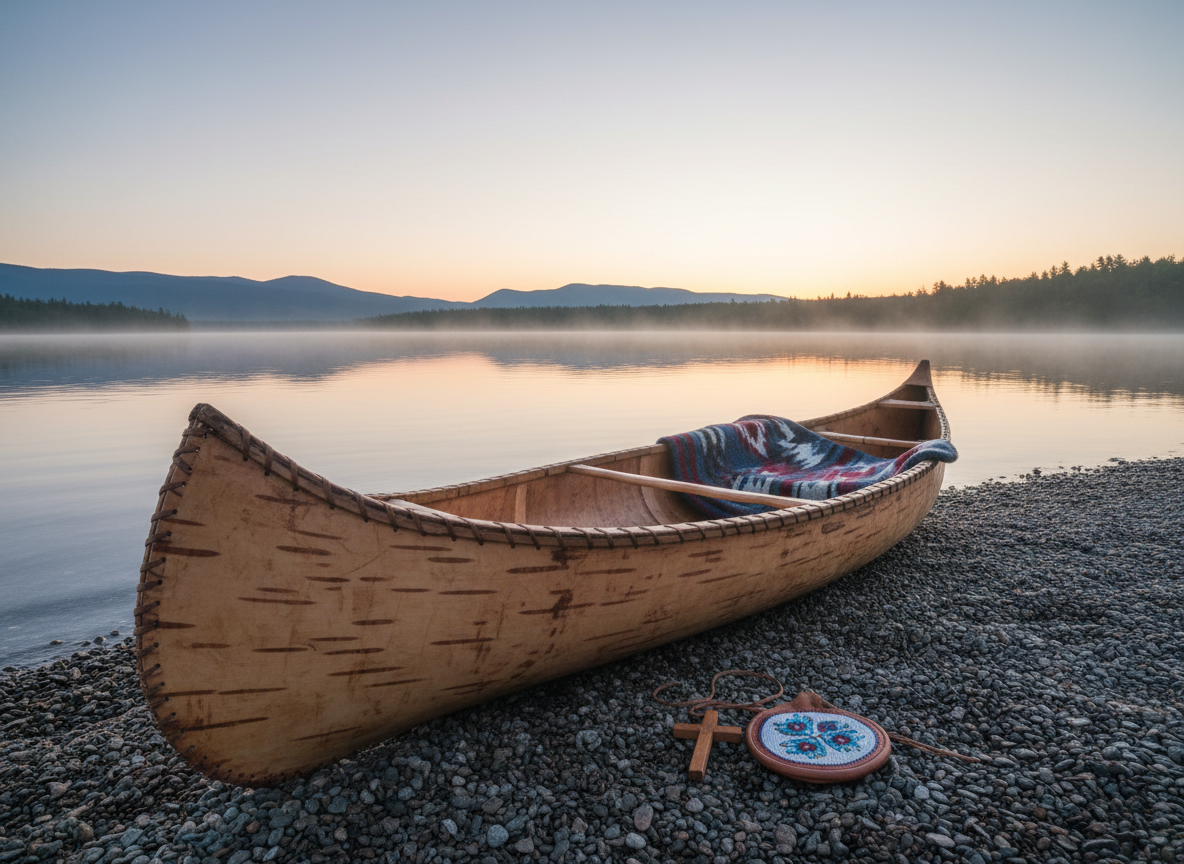 A serene lakeside scene at dawn, with a handmade Native-style canoe pulled halfway onto a pebbled shore. Inside the canoe rest a folded wool blanket with traditional geometric patterns, a simple wooden cross pendant resting on the blanket, and a small leather pouch with beadwork, symbolizing a journey of obedience and service. Mist rises gently from the water, and the first soft morning light paints the sky in pale pinks and blues, reflecting on the still surface. Photographic realism, shot from a low angle near the shore, using a wide frame to show the distant tree line and faint mountains. The mood is quiet, humble, and hopeful, conveying the beginning of a spiritual journey on the Red Road guided by the Holy Spirit.
