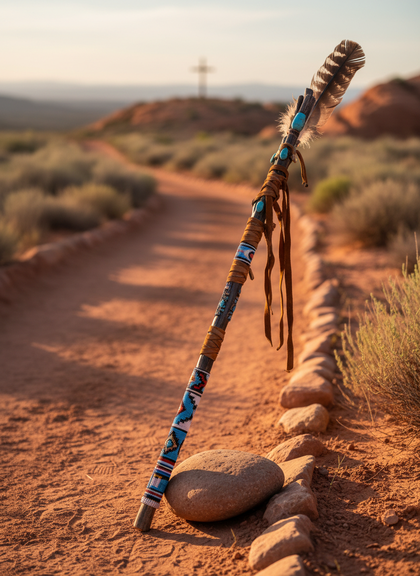 A weathered red road made of packed desert earth stretches into the distance, gently winding between low sagebrush and sandstone formations. At the center of the path, an empty, intricately beaded walking staff leans against a smooth river stone, its leather wrapping, eagle feather, and turquoise inlay catching the light. In the background, a simple wooden cross stands on a distant hill, partially silhouetted. Warm golden hour sunlight bathes the scene, casting long, peaceful shadows and soft highlights on the staff. Photographic realism, shot at eye level with a shallow depth of field that keeps the staff and nearby stones in sharp focus while the far hills and sky blur into a serene, prayerful atmosphere of humility and obedience.