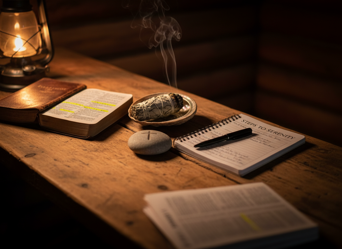 A rustic wooden table in a dimly lit cabin interior is covered with carefully organized items of recovery and spiritual discipline: a worn leather Bible open to a highlighted passage, a spiral-bound recovery workbook with a pen resting across it, a small abalone shell with sage, and a smooth river stone etched with a subtle cross. Warm lamplight from a single oil lamp off-frame to the left spills across the wood grain, creating rich amber tones and soft, contemplative shadows. Photographic realism, composed at a shallow angle so the foreground text edges blur while the central objects remain crisp. The atmosphere is intimate, reflective, and accountable, suggesting late-night study, prayer, and sponsorship work rooted in both Native tradition and Christian faith.