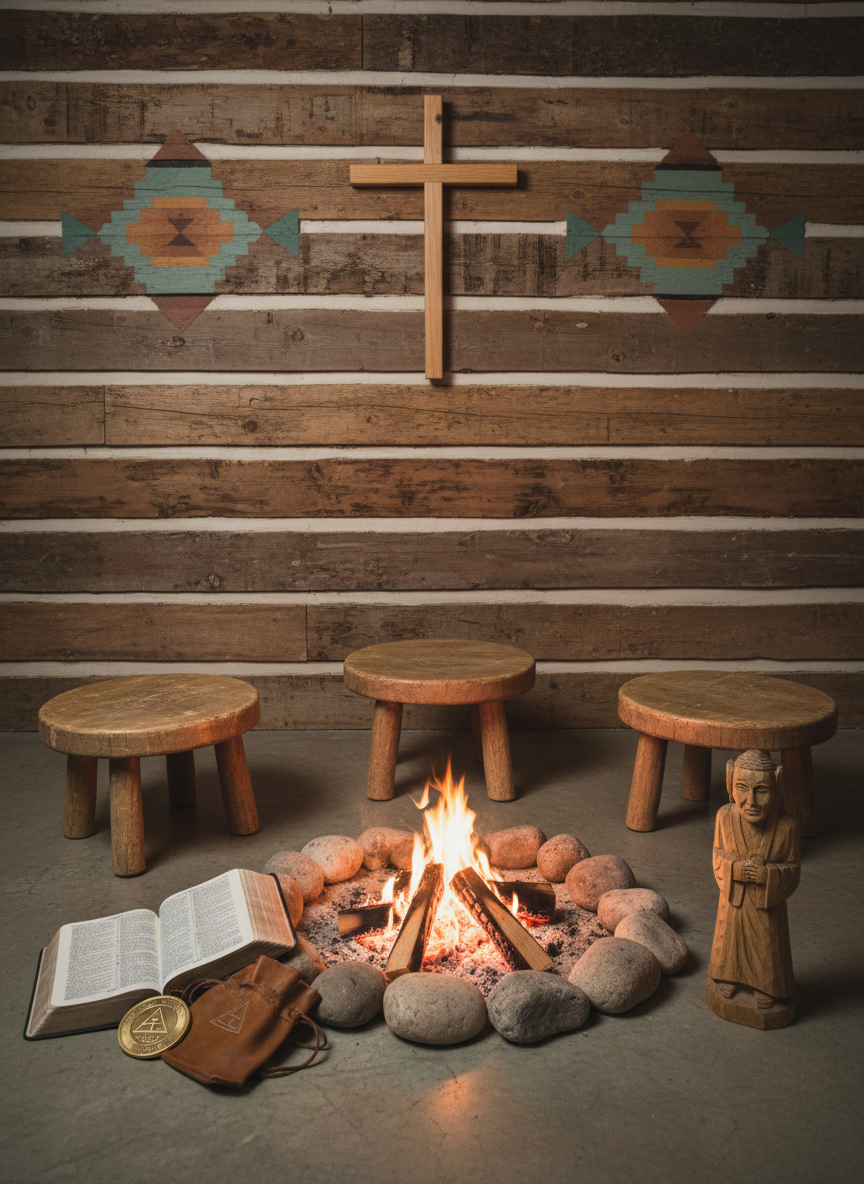 An interior mentorship and accountability space set in a modest log-walled room, with a circular arrangement of three low wooden stools surrounding a central fire pit built of smooth river stones. The fire is low, glowing ember-red with small flames, casting warm flickering light onto a nearby open Bible, a recovery coin resting atop a leather pouch, and a small carved wooden figure symbolizing an elder. On the back wall hangs a simple wooden cross flanked by traditional Native patterns painted in muted earth tones. Photographic realism, captured at eye level with balanced focus so both foreground embers and background symbols are clear. The mood is safe, sober, and reverent, suggesting ongoing support, sponsorship, and spiritual counsel without any people present.